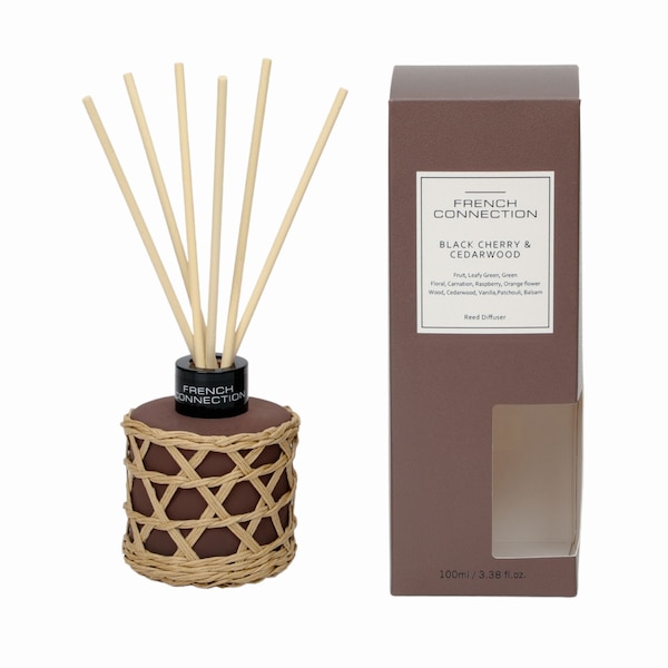 French Connection Black Cherry & Cedarwood Reed Diffuser 100ML Woven Rattan Detail Brown Colour