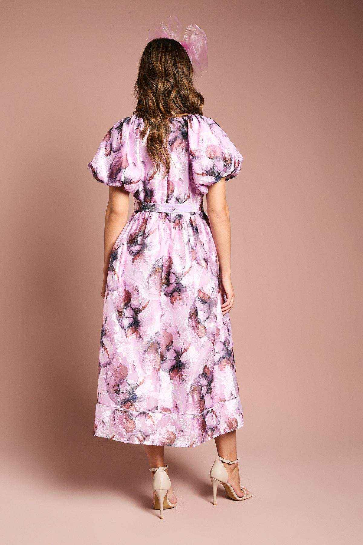 Coast Short Puff Sleeve Jacquard Midi Dress With Belt Pink image 4
