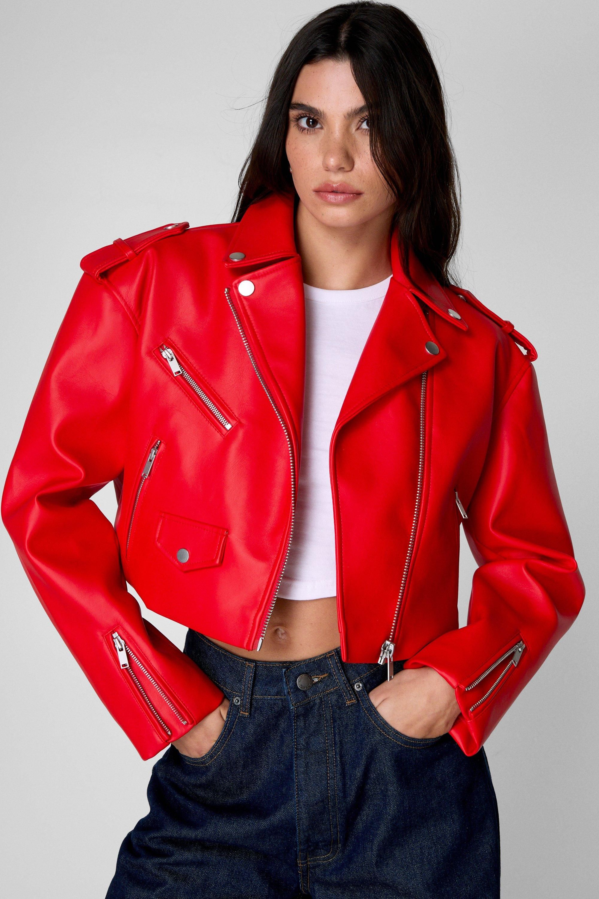 NastyGal Essentials Cropped Faux Leather Boxy Biker Red image 3