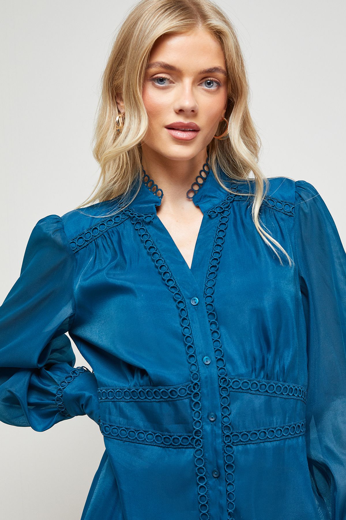 Oasis Organza Lace Trim Shirt Mini Dress Teal image 3