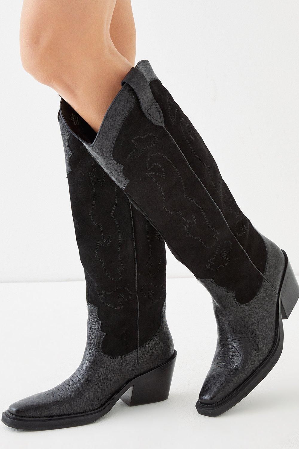 Oasis Leather And Suede Stitch Detail Western Cowboy Knee Boot Black
