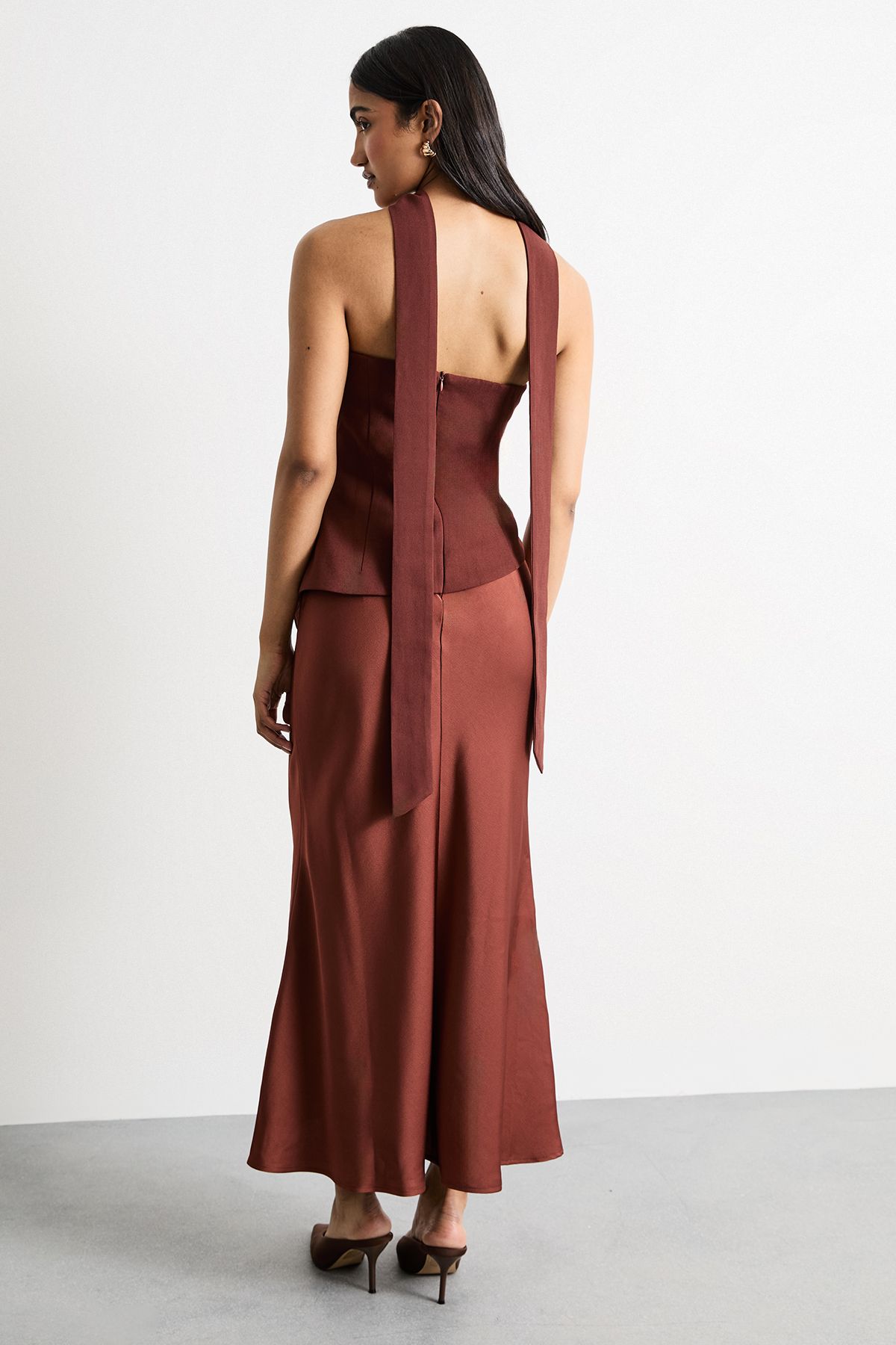 Warehouse Strapless Structured Bodice Satin Midi Dress Chocolate image 3