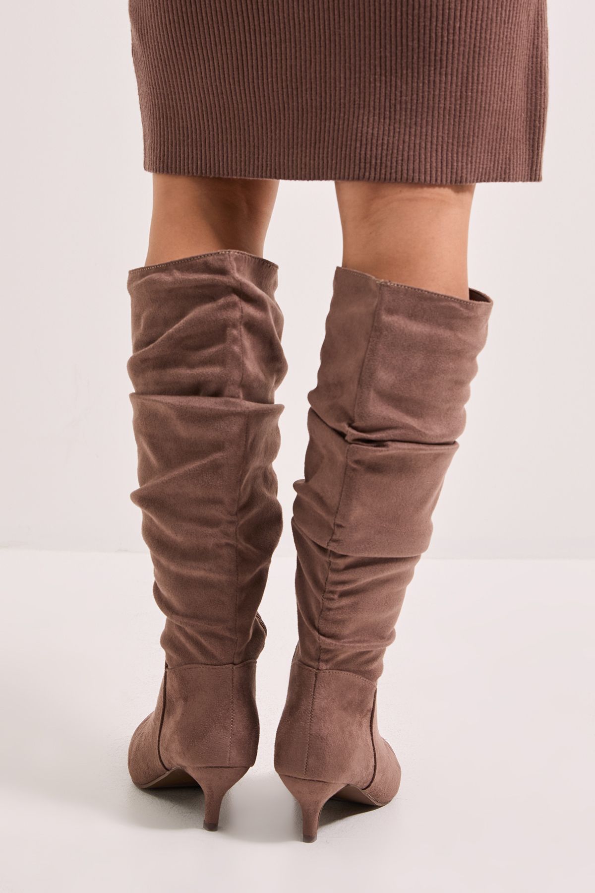Dorothy Perkins Khloe Faux Suede Kitten Heel Knee High Ruched Boots Taupe image 3