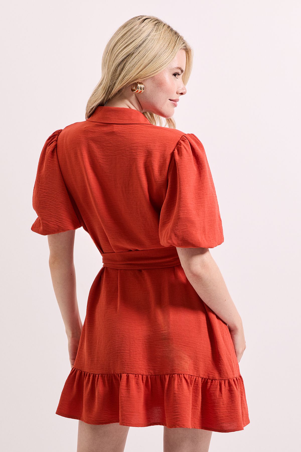 Dorothy Perkins Puff Sleeve Belted Mini Shirt Dress Burnt Orange image 5
