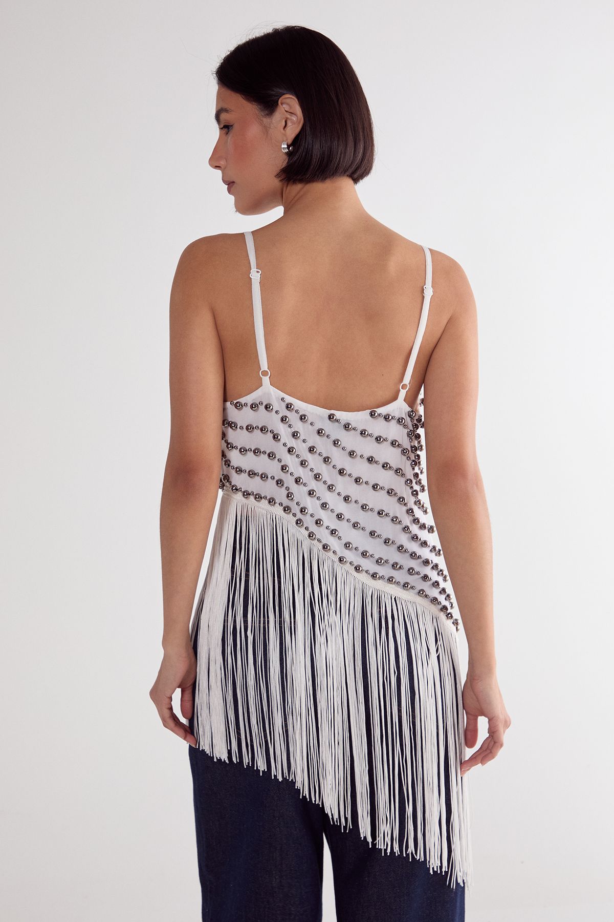NastyGal Studded Asymmetric Fringed Cami Top White image 4