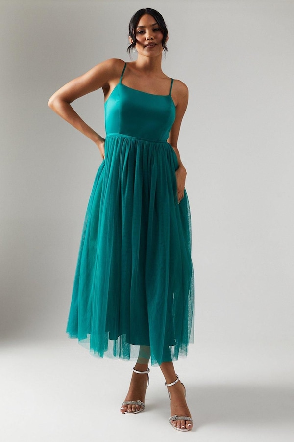 Coast Satin Bodice Cami Strap Tulle Skirt Midi Bridesmaid Dress Emerald
