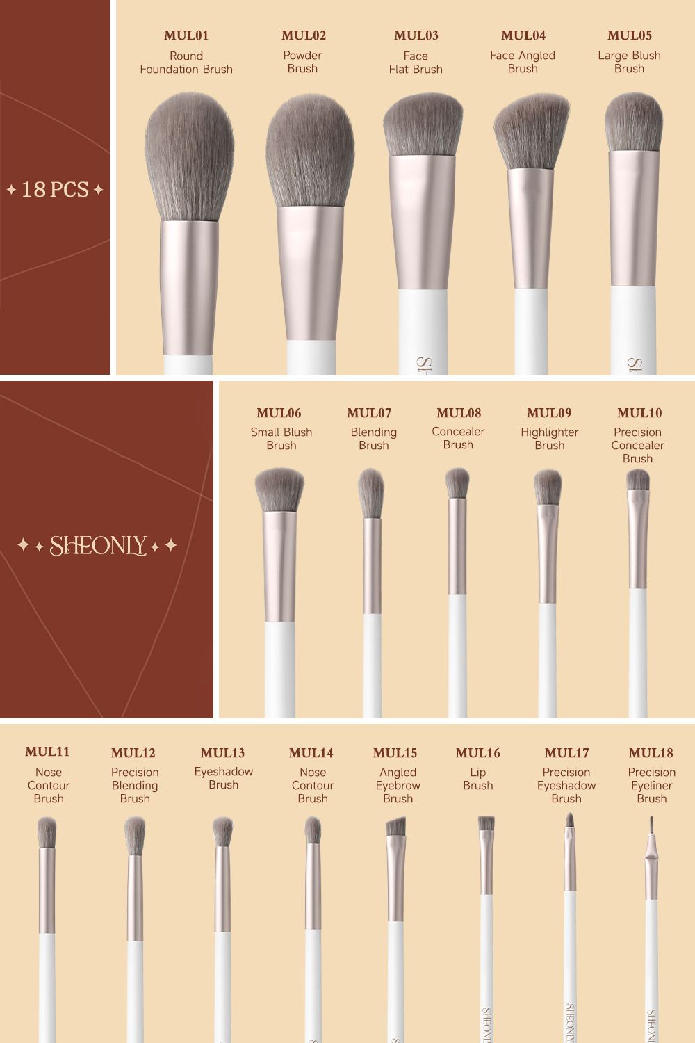 SHEONLY 18 Pcs Set Professional Makeup Brush Set with Makeup Tool image 2