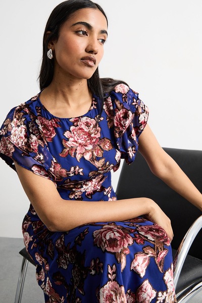 Warehouse Devore Ruffle Sleeve Maxi Dress Multi