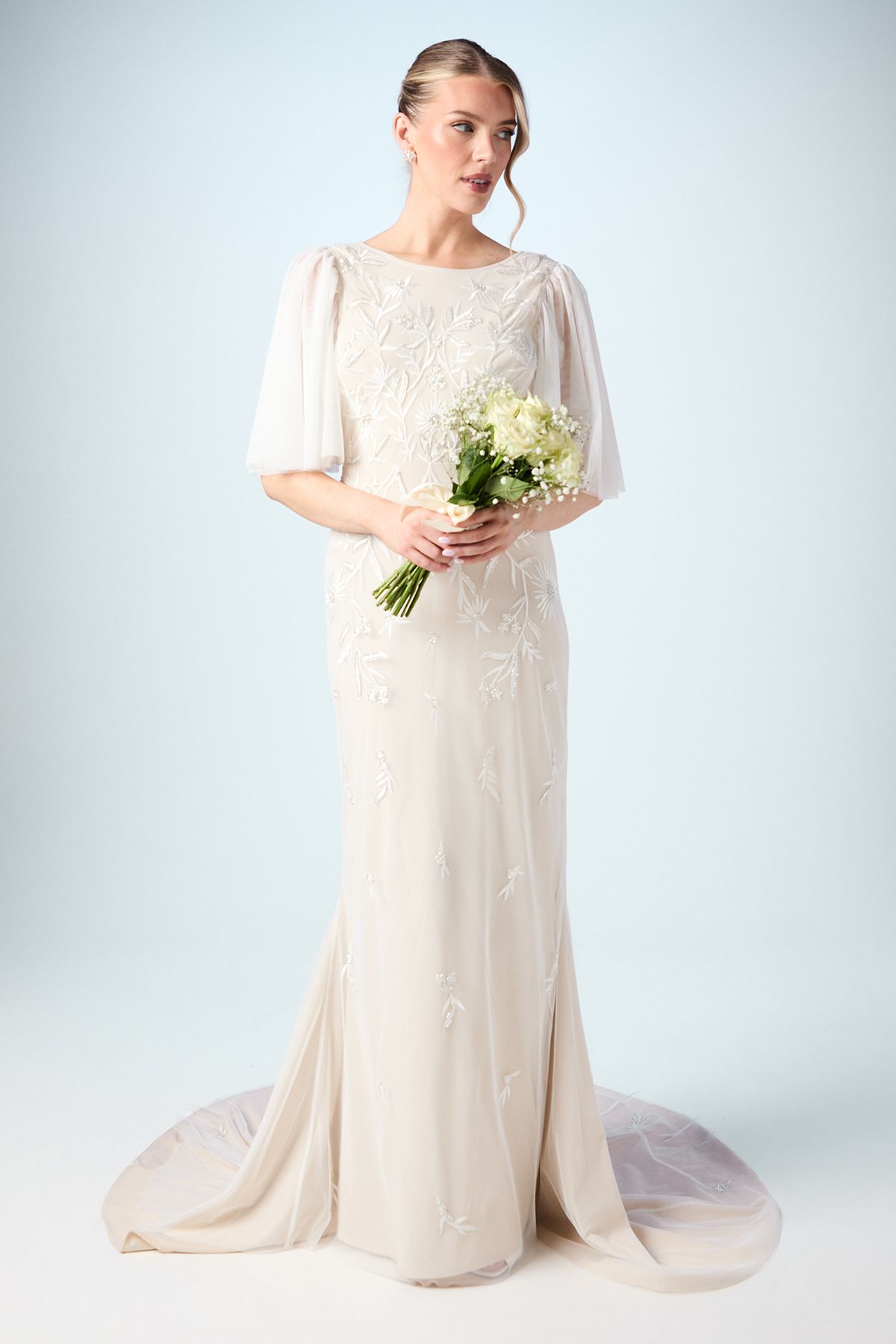 Coast Flutter Sleeve Embroidered Tulle Wedding Dress Ivory