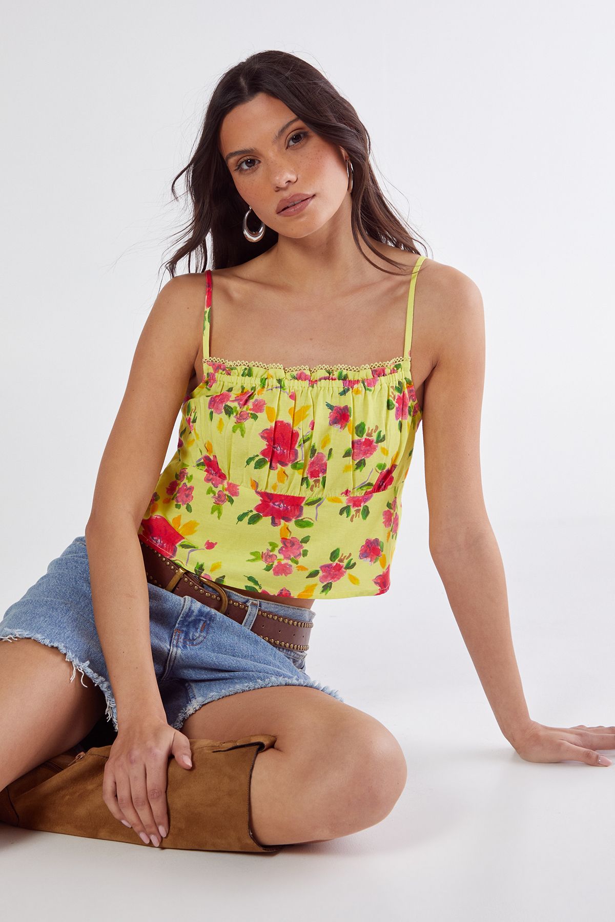 NastyGal Floral Linen Mix Lace Trim Soft Corset Top Lemon image 1