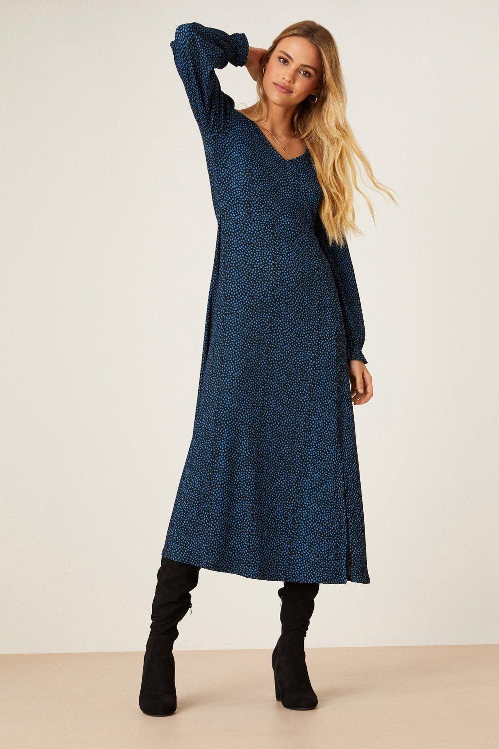 Dorothy Perkins Blue Spot V Neck Midi Dress Blue image 2