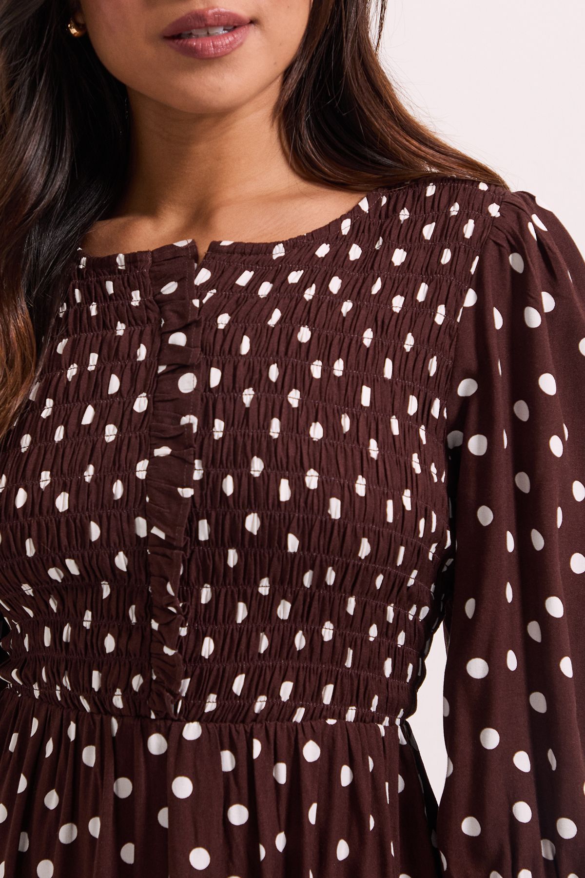 Dorothy Perkins Petite Spot Print Shirred Bodice Button Detail Midi Dress Burgundy image 5