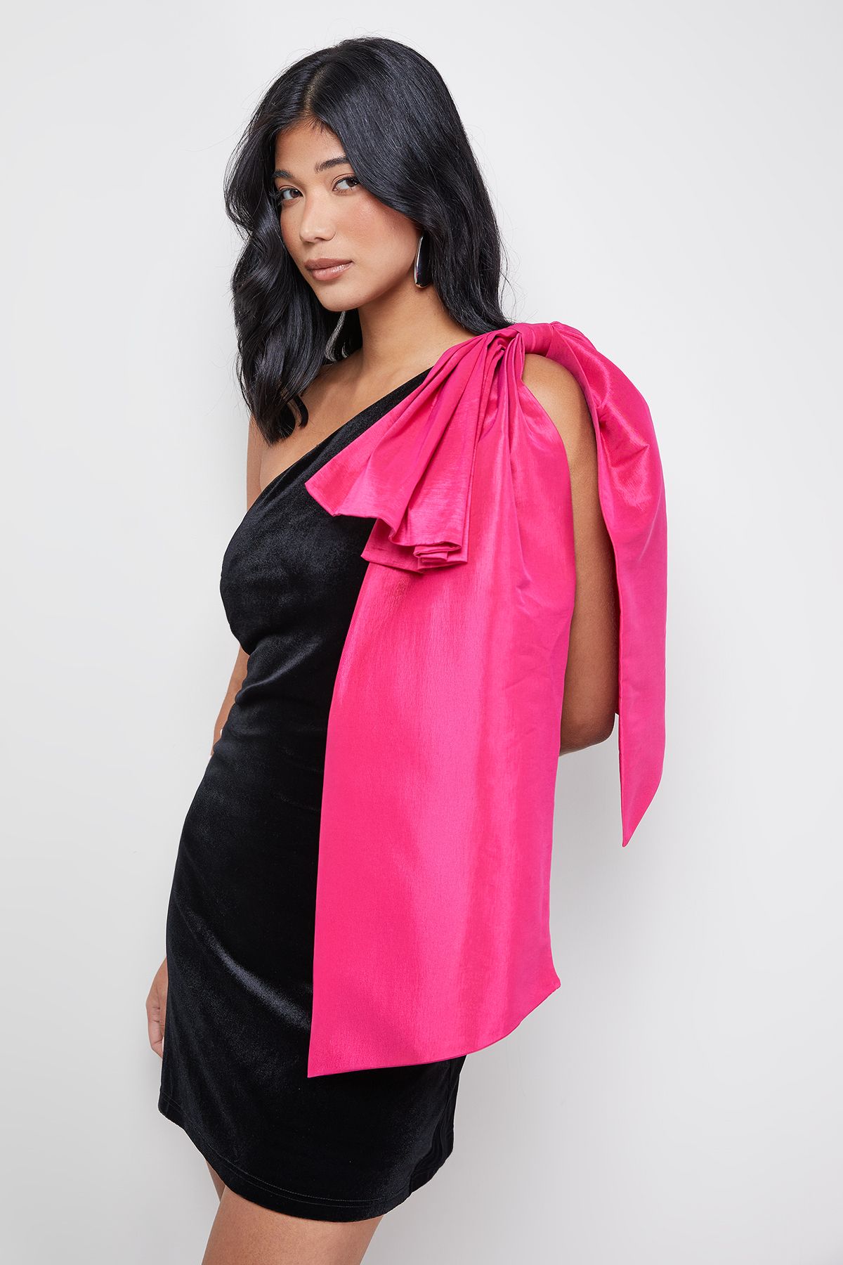 Warehouse Velvet Taffeta Bow One Shoulder Mini Dress Black