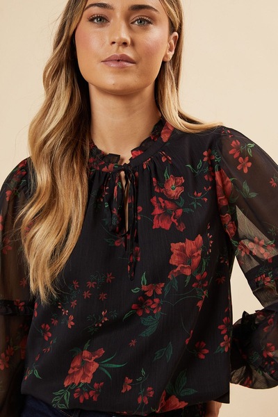 Dorothy Perkins Spaced Floral Chiffon Ruffle Sleeve Shirred Hem Blouse Floral