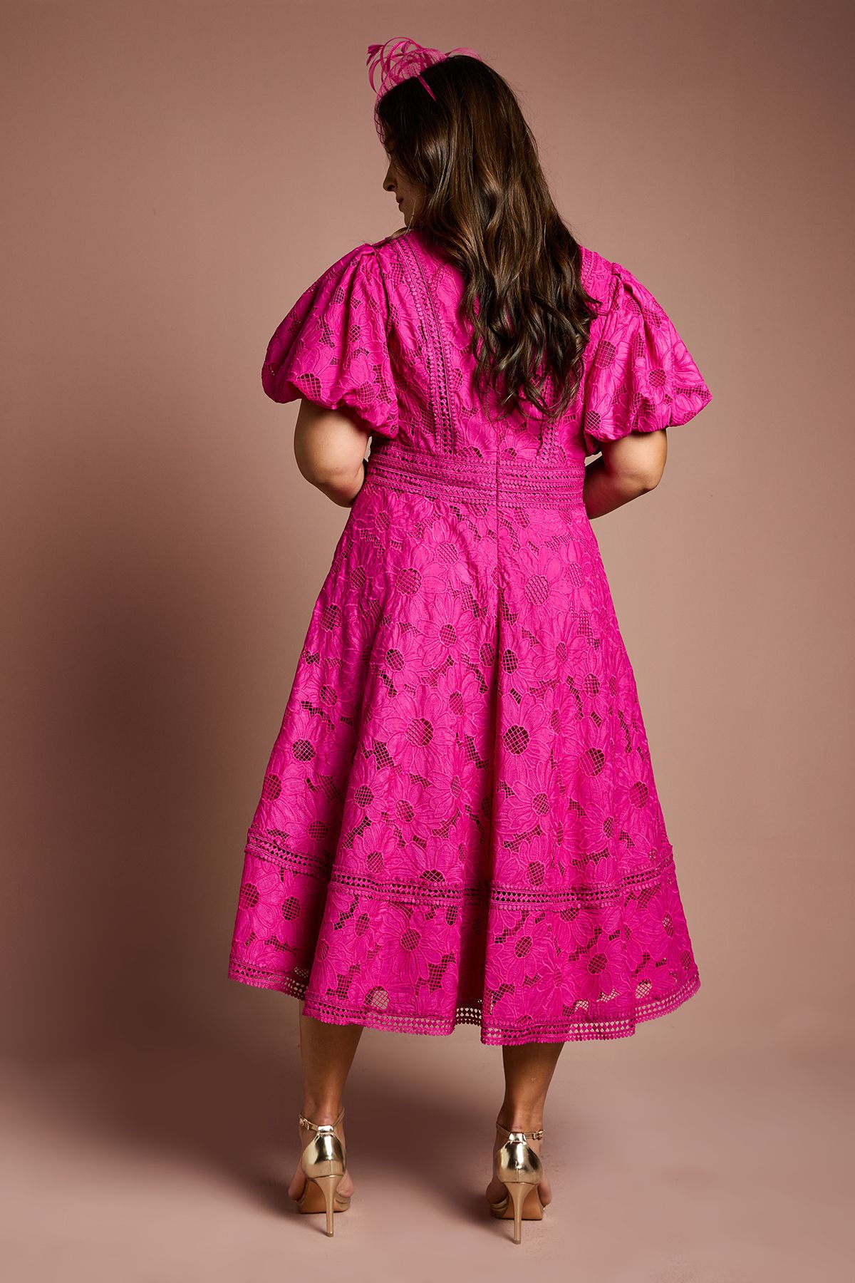 Coast Plus Lace Midi Dress With Puff Sleeve Hot Pink image 3