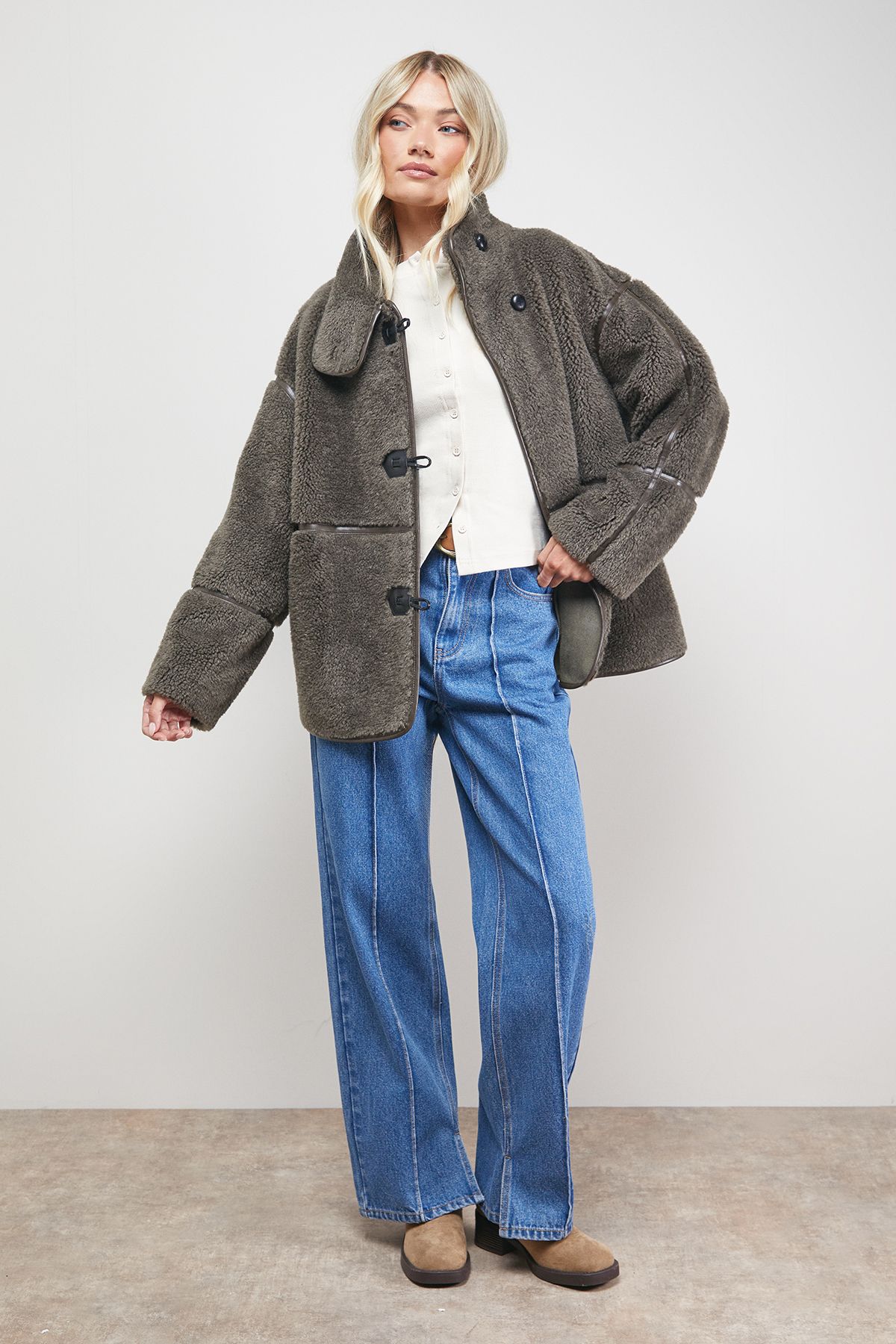 Oasis Funnel Neck Shearling Coat Grey image 2
