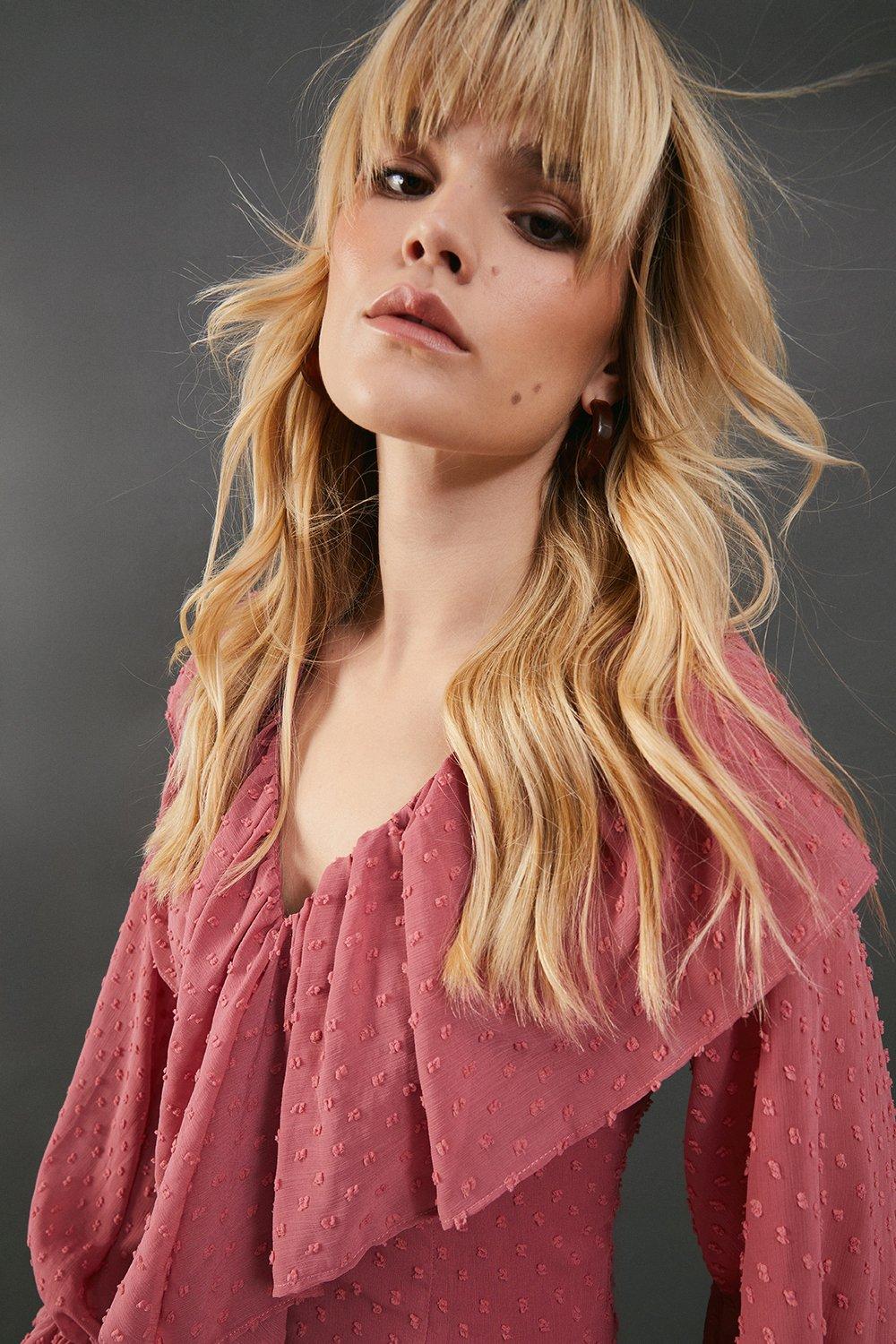 Warehouse Dobby Chiffon Ruffle High Low Hem Midi Dress Rose image 4