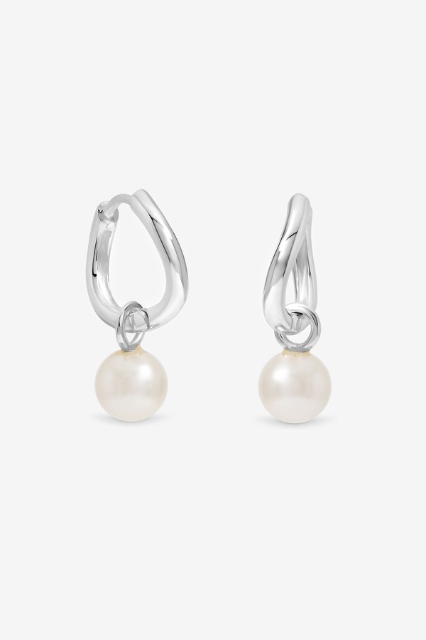 Simply Silver Sterling Silver 925 Polished and Pearl Fluid Charm Hoop Earrings