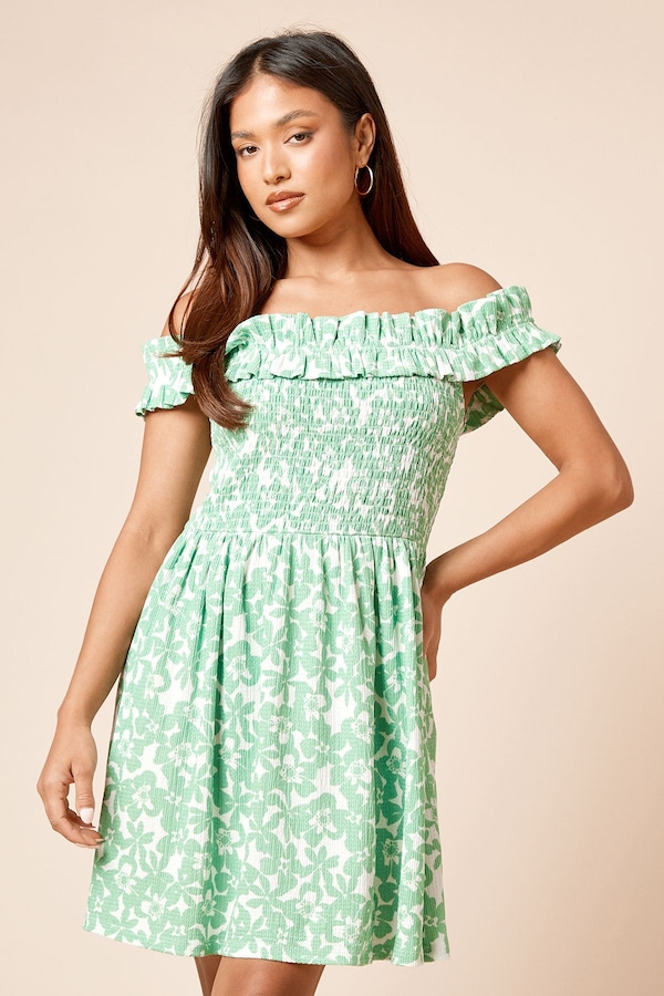 Dorothy Perkins Petite Green Floral Shirred Bodice Bardot Jersey Mini Dress Floral