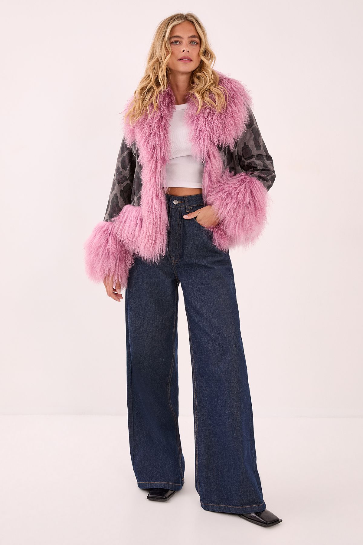 NastyGal Premium Shearling Leopard Real Suede Jacket Charcoal image 2