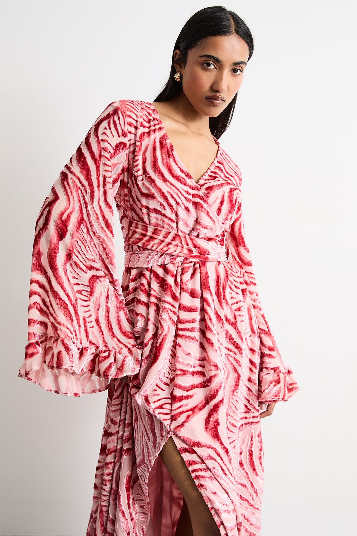 Warehouse Burnout Velvet Plunge Neck Flared Sleeve Belted Maxi Dress Red image 2