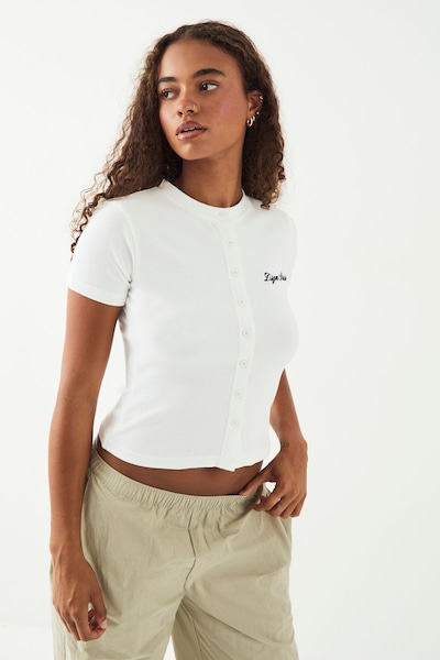DSGN Studio DSGN Studio Script Embroidery Ribbed Button Through Short Sleeve Top White