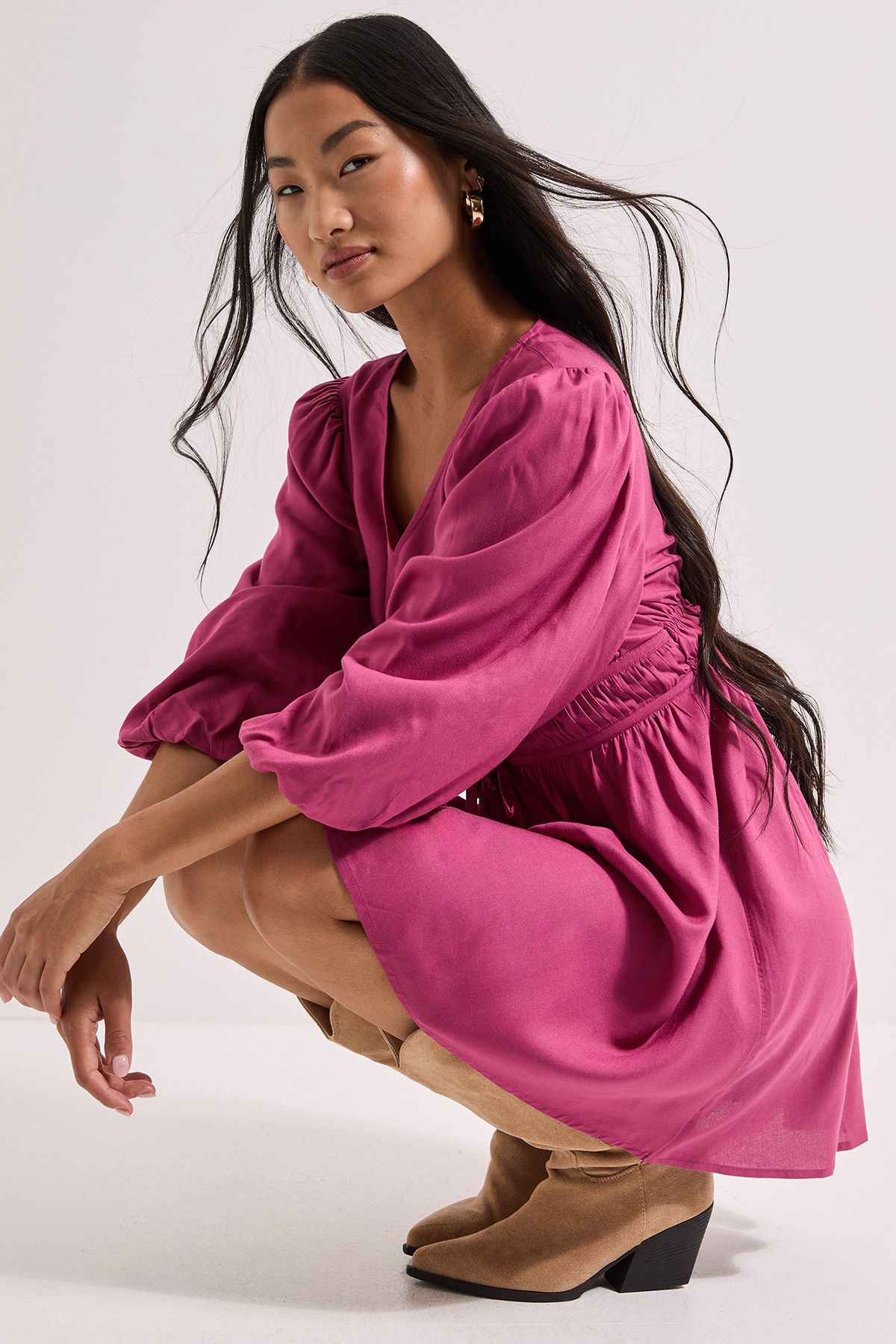 Dorothy Perkins Petite Tie Detail Blouson Sleeve Mini Dress Rose image 4