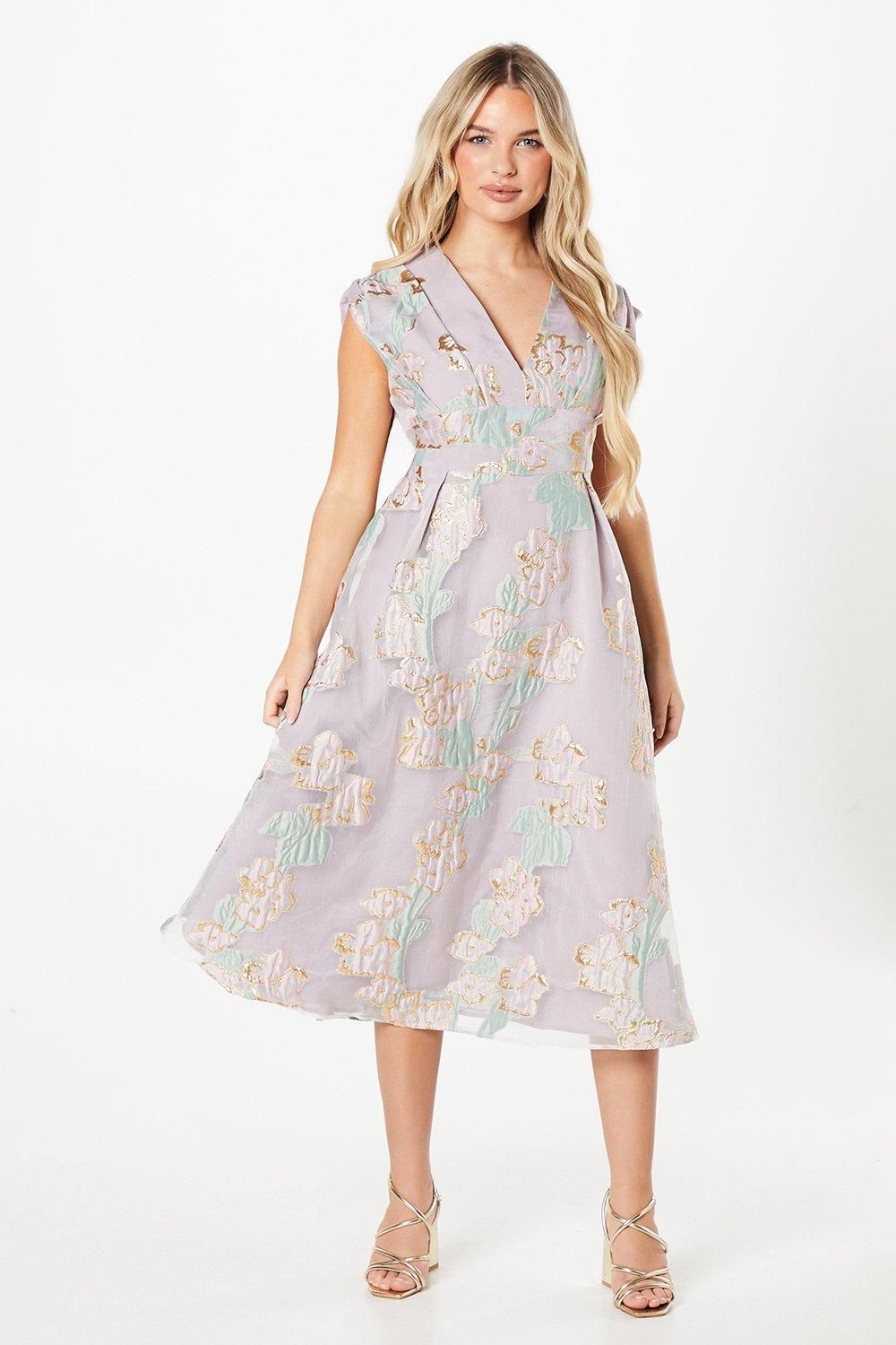 Coast Petite Pleated Bodice Organza Jacquard Midi Dress Pink