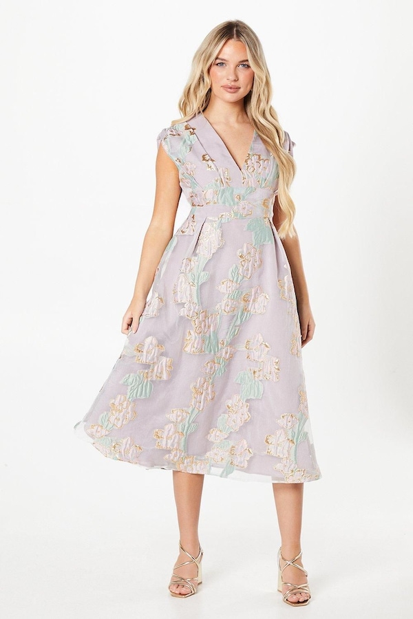 Coast Petite Pleated Bodice Organza Jacquard Midi Dress Pink