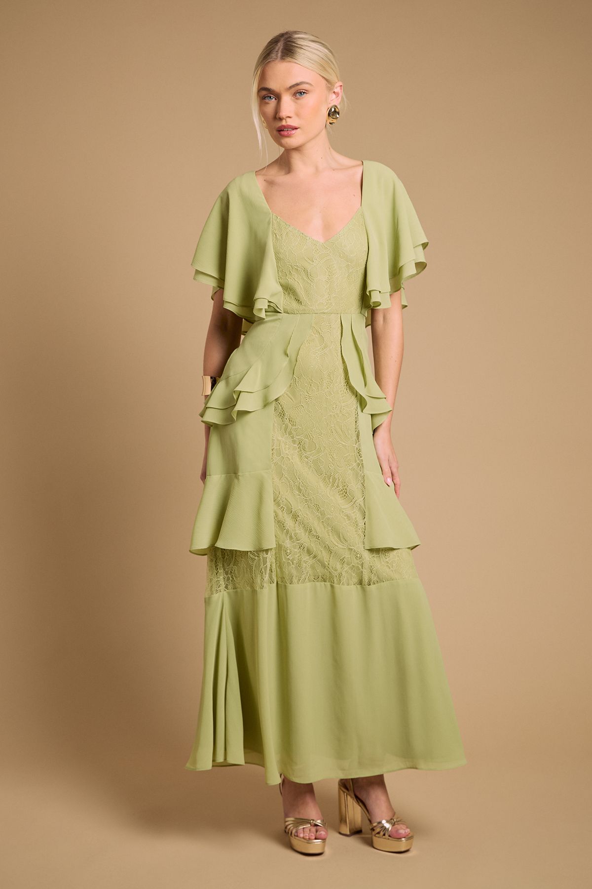Oasis Lace Panel Ruffle Maxi Dress Green