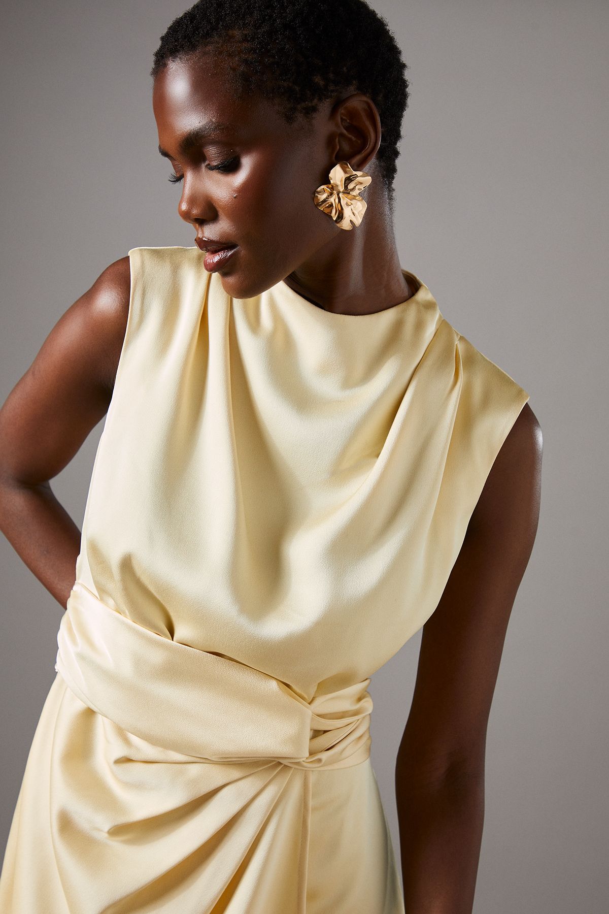 Coast Satin Midi Dress With Twist Waist Lemon image 2