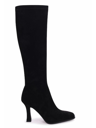 Linzi Winnie Black Suede Square Toe Heeled Sock Boot