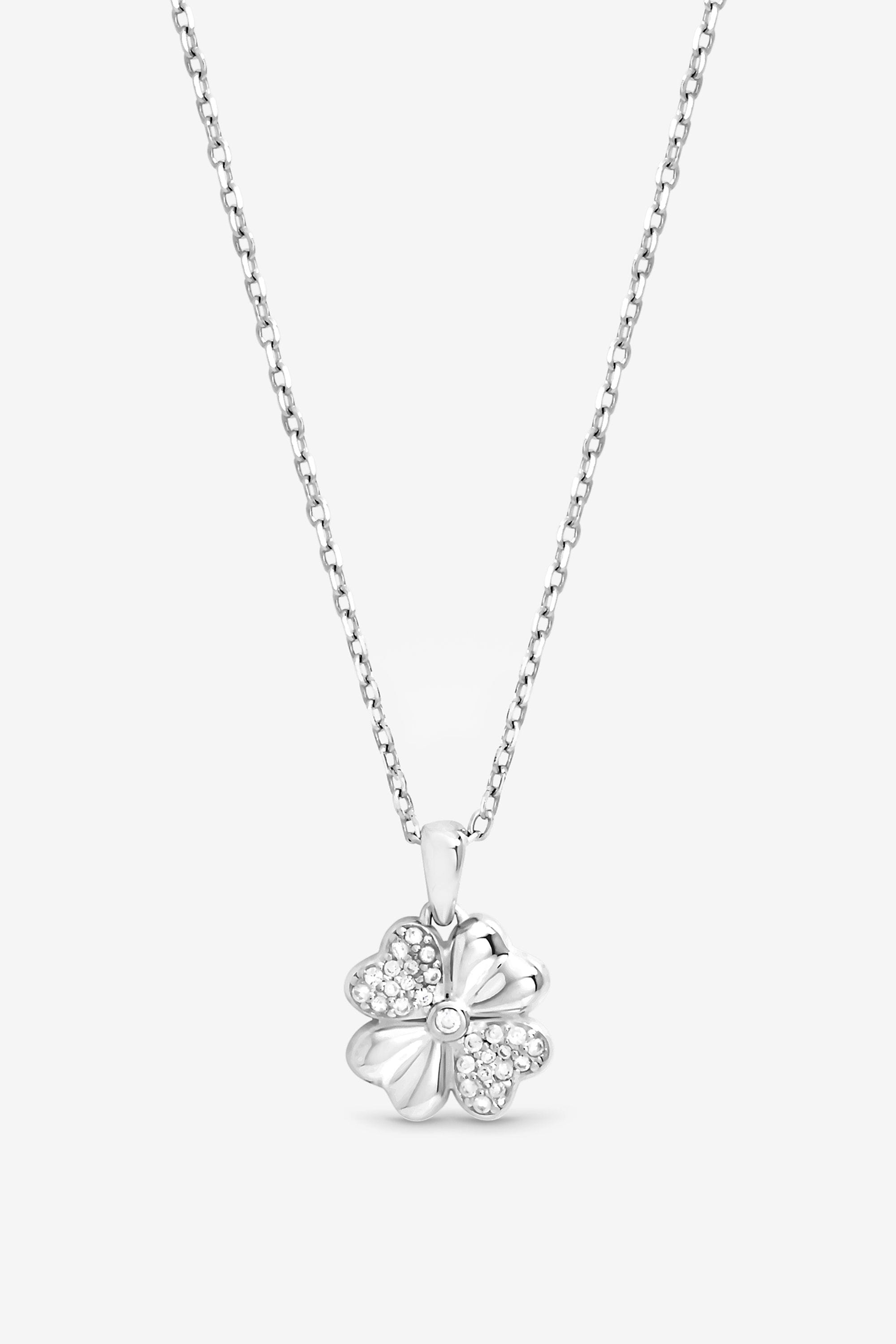 Simply Silver Sterling Silver 925 Polished and Pave Clover Pendant