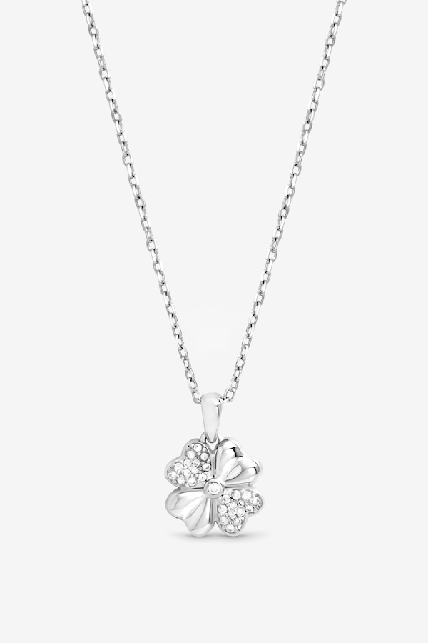 Simply Silver Sterling Silver 925 Polished and Pave Clover Pendant