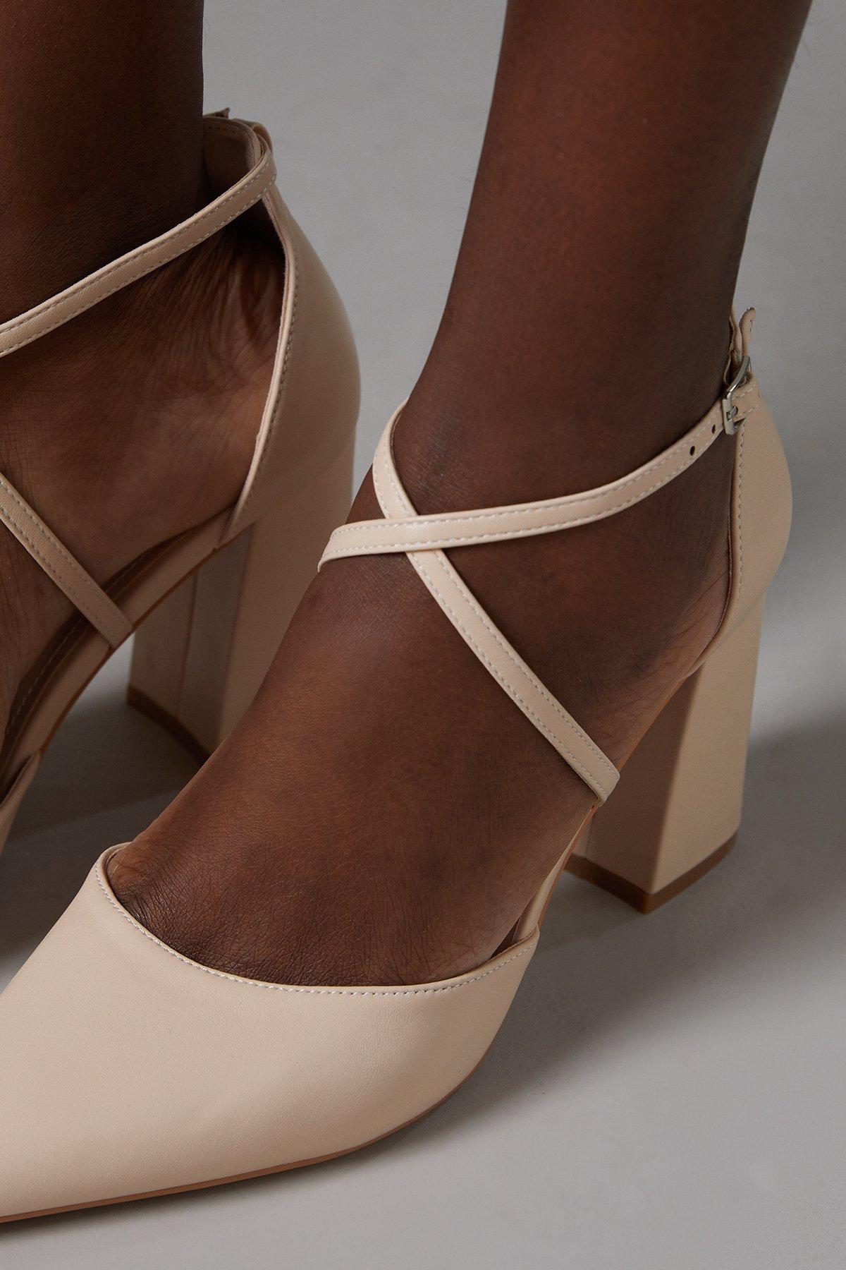 Coast Treat Faux Leather  Cross Strap Pointed Block Heel Court Shoes Nude image 4