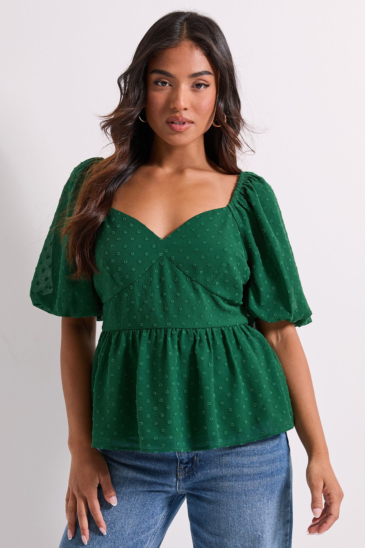Dorothy Perkins Petite Sweetheart Tie Back Puff Sleeve Top Green