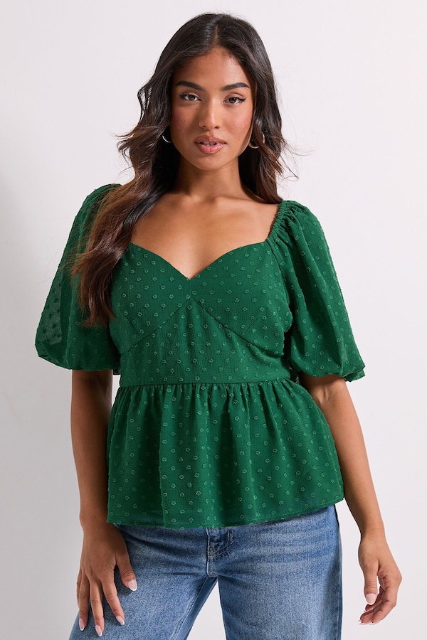 Dorothy Perkins Petite Sweetheart Tie Back Puff Sleeve Top Green