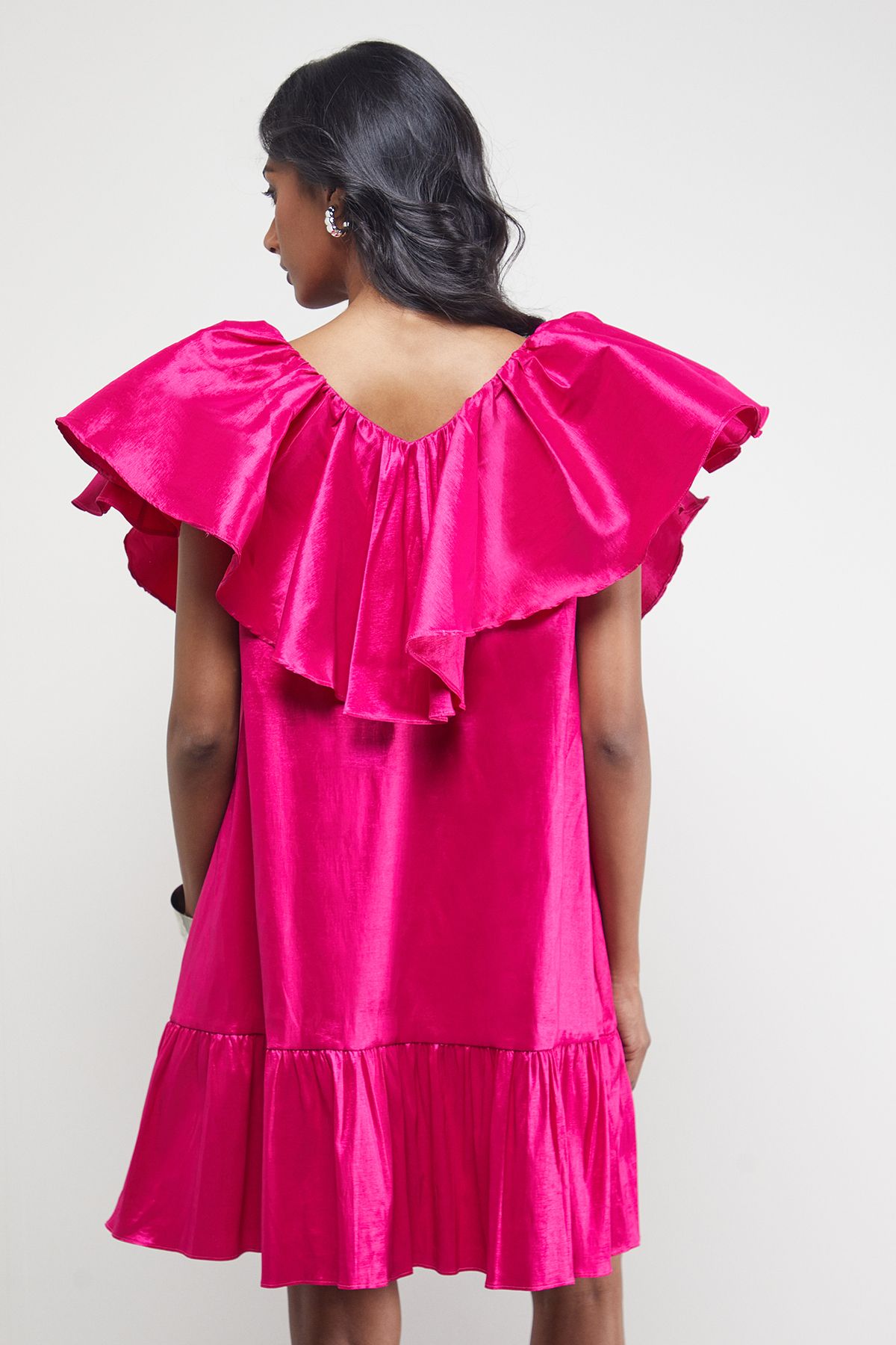 Warehouse Taffeta Frill V Neck Smock Mini Dress Magenta Pink image 3