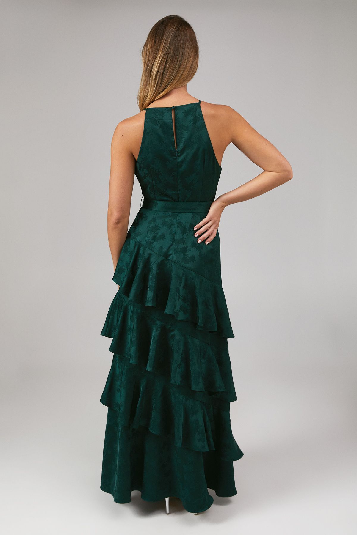Oasis Satin Jacquard Ruffle Halter Neck Bridesmaid Dress Emerald image 3