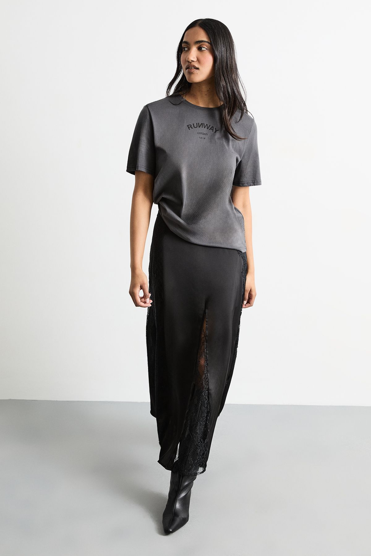 RUNWAY 1.8.1.8 Runway 1.8.1.8 Delicate Lace Detail Satin Maxi Skirt Black image 1