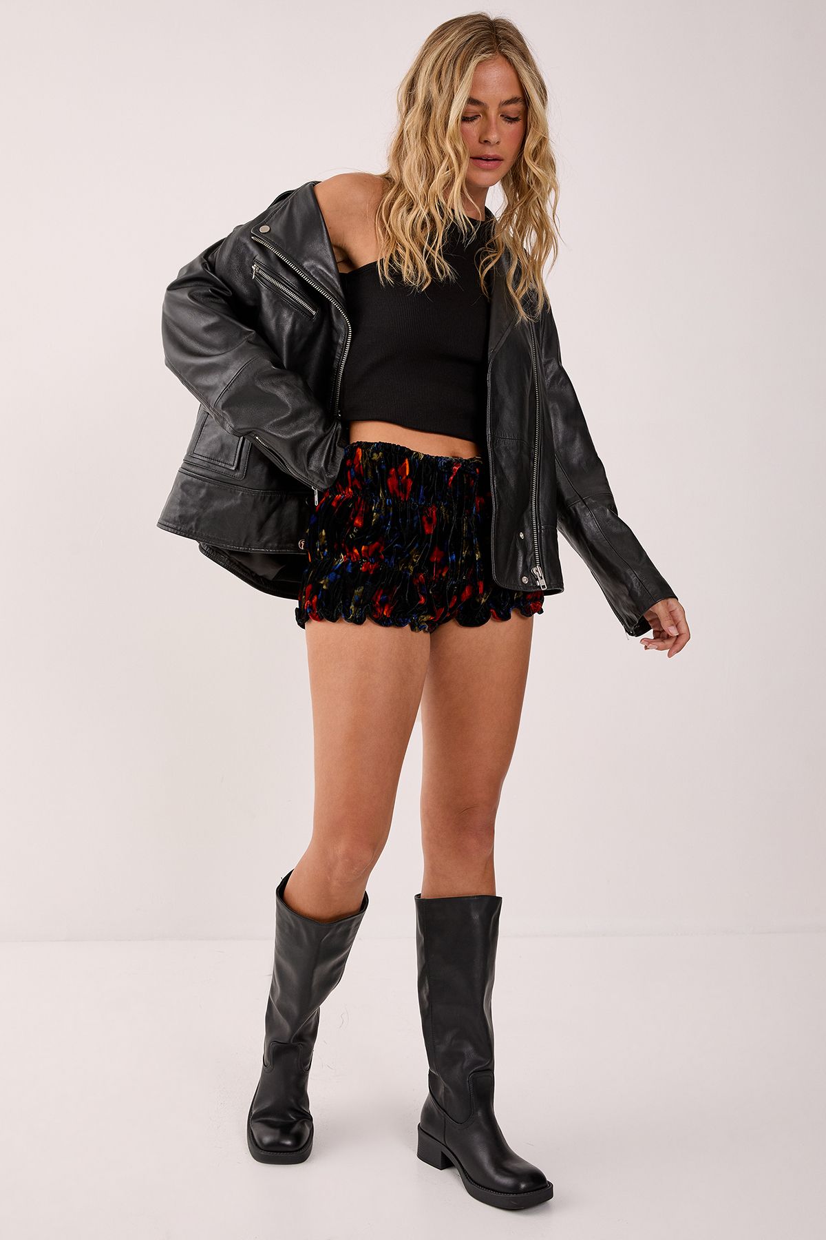 NastyGal Velvet Floral Ruched Bloomer Shorts Black image 1
