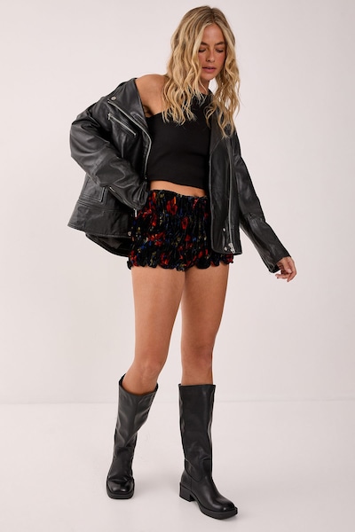 NastyGal Velvet Floral Ruched Bloomer Shorts Black