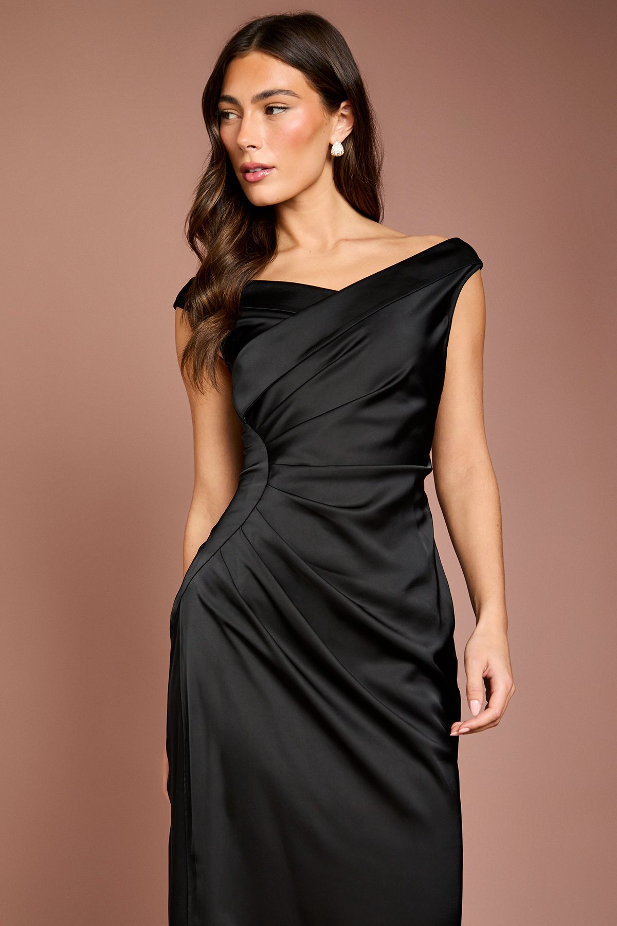 Coast Satin Bardot Bridesmaid Maxi Dress with Waist Ruching Detail Black image 4