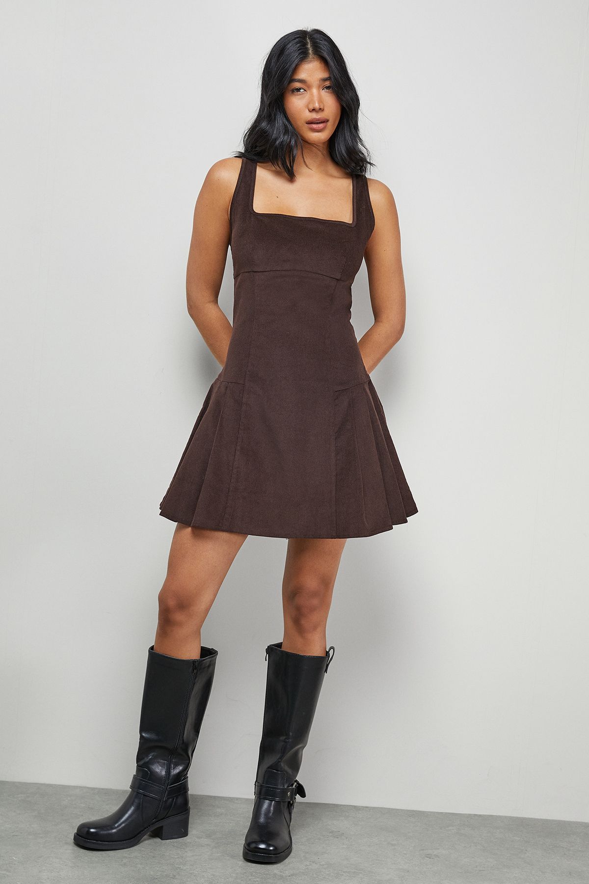 Warehouse Cord Square Neck Pinafore Mini Dress Chocolate image 2