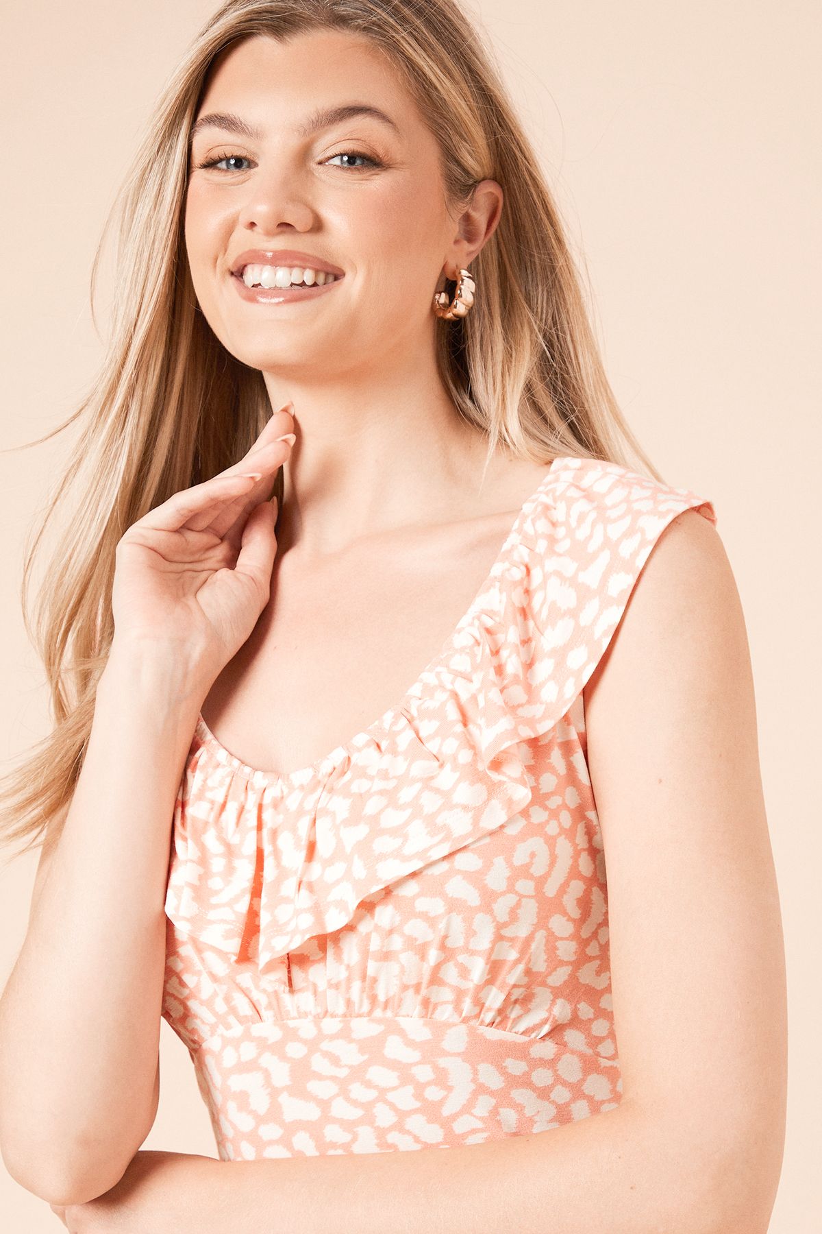 Dorothy Perkins Coral Animal Frill Neck Empire Midi Dress Animal image 3