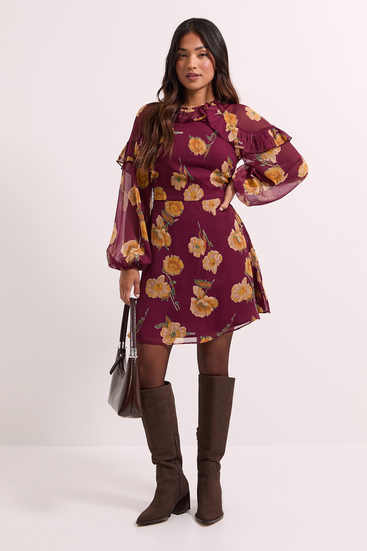 Dorothy Perkins Petite Brown Frill Detail Blouson Sleeve Mini Dress Brown image 1