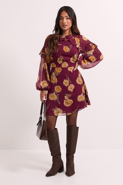 Dorothy Perkins Petite Brown Frill Detail Blouson Sleeve Mini Dress Brown