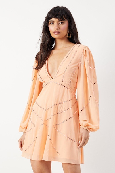 Warehouse Premium Chiffon Embellished Sequin Plunge Neck Mini Dress Washed Coral