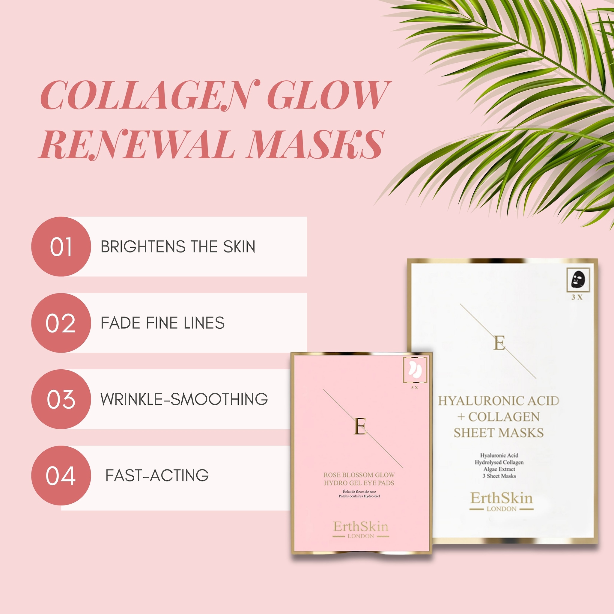 Erth Skin London Glow-Enhancing Combo Hyaluronic Acid & Collagen Mask - 3 Sheets + Rose Blossom Glow Hydro-Gel Eye Pads 5 x 2 image 2