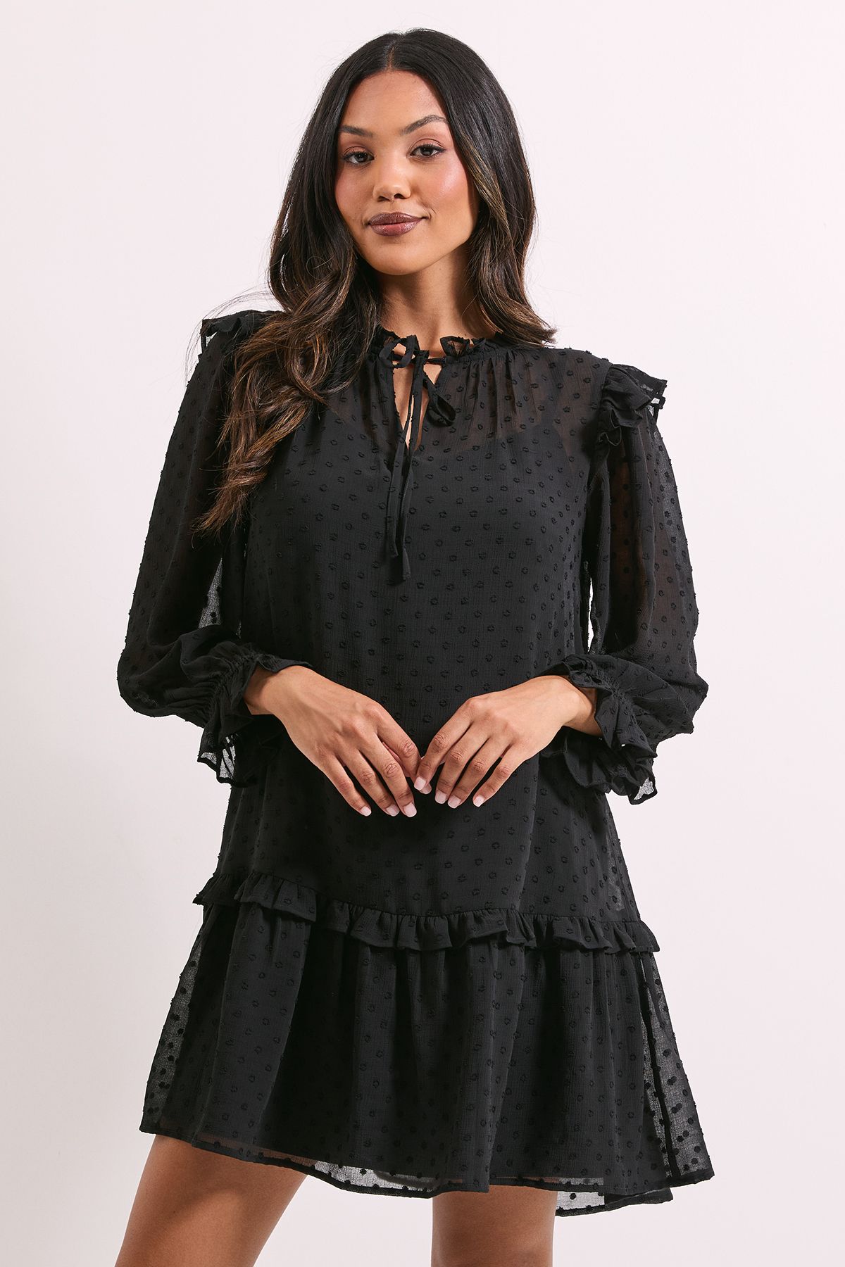 Dorothy Perkins Tiered Hem Tie Neck Shift Dress Black image 2